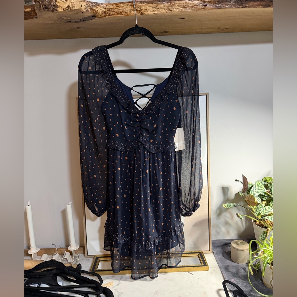 NWT Lumiere Love Letter Collection Sheer Navy Mini Dress with Brown Dots